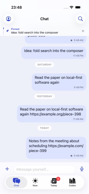 The Chat tab: a conversation with yourself, with a pinned message held at the top.