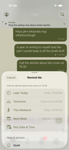 La feuille Me rappeler : des heures en un toucher, et le choix entre une notification discrète et une notification urgente.