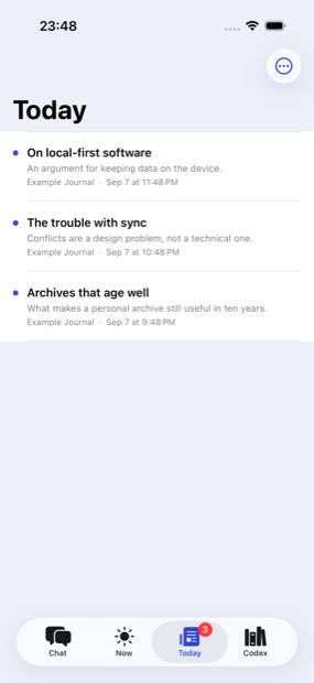 The Today tab, listing articles from subscribed feeds newest first.